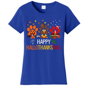 Cat Dog Paw Print Happy Hallothanksmas Halloween Christmas Funny Gift Women's T-Shirt