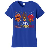 Cat Dog Paw Print Happy Hallothanksmas Halloween Christmas Funny Gift Women's T-Shirt