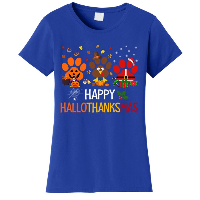 Cat Dog Paw Print Happy Hallothanksmas Halloween Christmas Funny Gift Women's T-Shirt