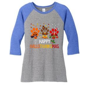 Cat Dog Paw Print Happy Hallothanksmas Halloween Christmas Funny Gift Women's Tri-Blend 3/4-Sleeve Raglan Shirt