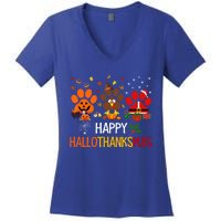 Cat Dog Paw Print Happy Hallothanksmas Halloween Christmas Funny Gift Women's V-Neck T-Shirt