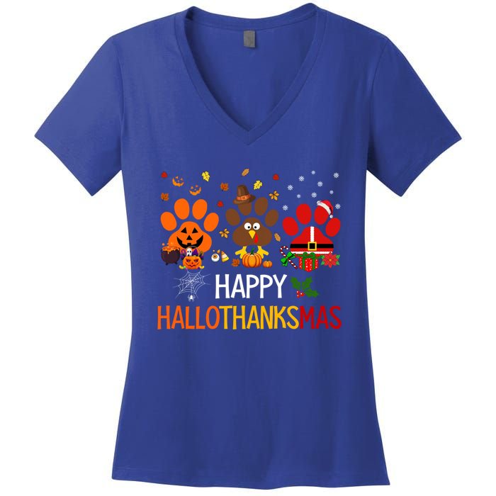 Cat Dog Paw Print Happy Hallothanksmas Halloween Christmas Funny Gift Women's V-Neck T-Shirt