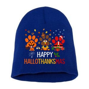 Cat Dog Paw Print Happy Hallothanksmas Halloween Christmas Funny Gift Short Acrylic Beanie