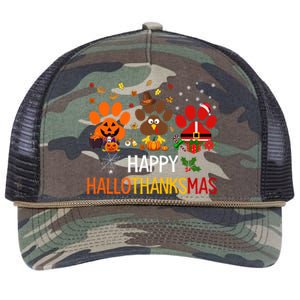 Cat Dog Paw Print Happy Hallothanksmas Halloween Christmas Funny Gift Retro Rope Trucker Hat Cap