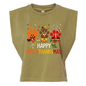 Cat Dog Paw Print Happy Hallothanksmas Halloween Christmas Funny Gift Garment-Dyed Women's Muscle Tee