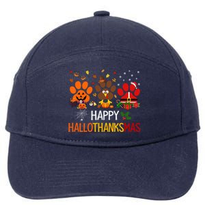 Cat Dog Paw Print Happy Hallothanksmas Halloween Christmas Funny Gift 7-Panel Snapback Hat