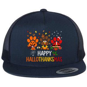 Cat Dog Paw Print Happy Hallothanksmas Halloween Christmas Funny Gift Flat Bill Trucker Hat