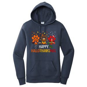 Cat Dog Paw Print Happy Hallothanksmas Halloween Christmas Funny Gift Women's Pullover Hoodie