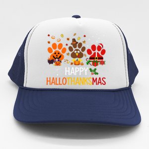 Cat Dog Paw Print Happy Hallothanksmas Halloween Christmas Funny Gift Trucker Hat