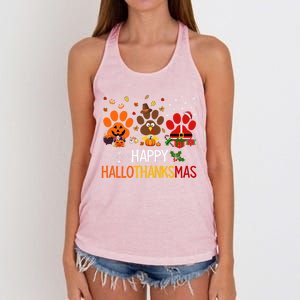 Cat Dog Paw Print Happy Hallothanksmas Halloween Christmas Funny Gift Women's Knotted Racerback Tank