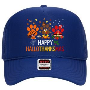 Cat Dog Paw Print Happy Hallothanksmas Halloween Christmas Funny Gift High Crown Mesh Back Trucker Hat