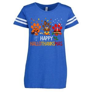 Cat Dog Paw Print Happy Hallothanksmas Halloween Christmas Funny Gift Enza Ladies Jersey Football T-Shirt