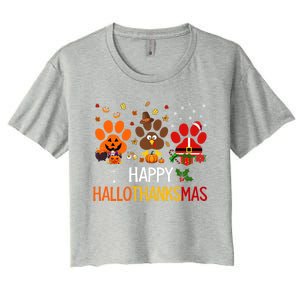 Cat Dog Paw Print Happy Hallothanksmas Halloween Christmas Funny Gift Women's Crop Top Tee