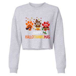 Cat Dog Paw Print Happy Hallothanksmas Halloween Christmas Funny Gift Cropped Pullover Crew