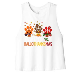 Cat Dog Paw Print Happy Hallothanksmas Halloween Christmas Funny Gift Women's Racerback Cropped Tank