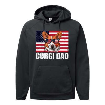 Corgi Dad Pembroke Welsh Corgi Us Flag Dog Lover Performance Fleece Hoodie