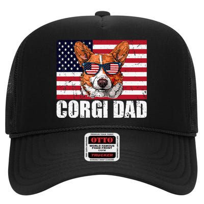 Corgi Dad Pembroke Welsh Corgi Us Flag Dog Lover High Crown Mesh Back Trucker Hat