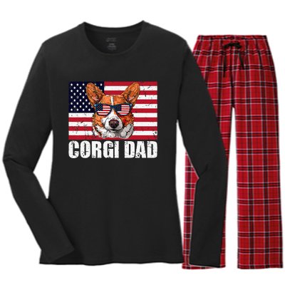 Corgi Dad Pembroke Welsh Corgi Us Flag Dog Lover Women's Long Sleeve Flannel Pajama Set 