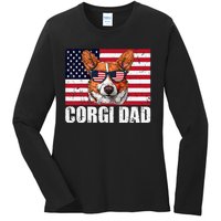 Corgi Dad Pembroke Welsh Corgi Us Flag Dog Lover Ladies Long Sleeve Shirt