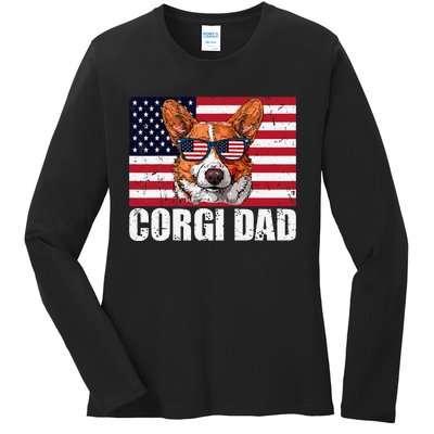 Corgi Dad Pembroke Welsh Corgi Us Flag Dog Lover Ladies Long Sleeve Shirt