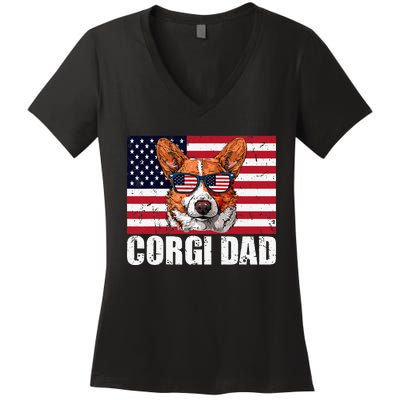 Corgi Dad Pembroke Welsh Corgi Us Flag Dog Lover Women's V-Neck T-Shirt