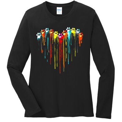 Colorful Dog Paw Heart Print Ladies Long Sleeve Shirt