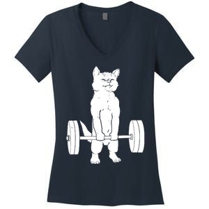 Cat Deadlift Powerlifting Women's V-Neck T-Shirt