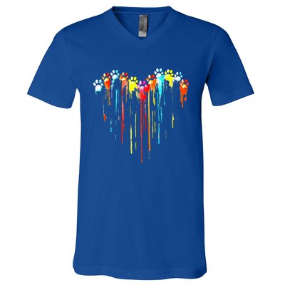 Colorful Dog Paw Heart Print V-Neck T-Shirt