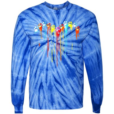 Colorful Dog Paw Heart Print Tie-Dye Long Sleeve Shirt