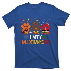 Cat Dog Paw Print Happy Hallothanksmas Halloween Christmas Gift T-Shirt