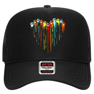 Colorful Dog Paw Heart Print High Crown Mesh Back Trucker Hat