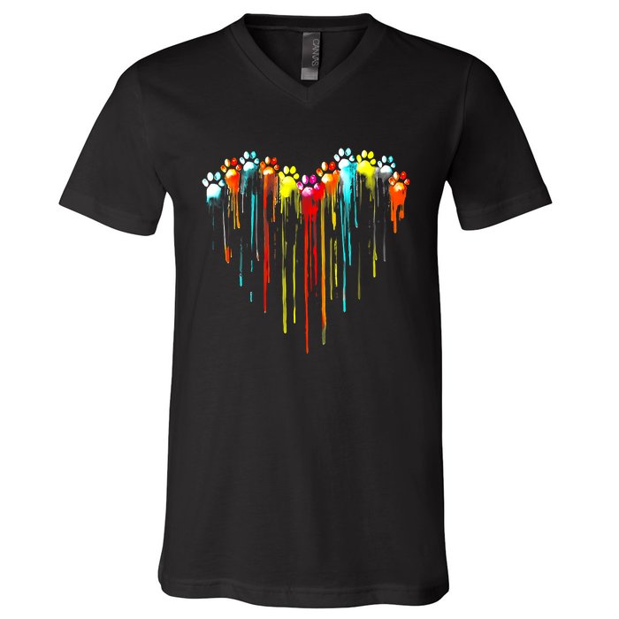 Colorful Dog Paw Heart Print V-Neck T-Shirt