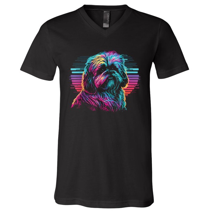 Colorful Splash Shih Tzu Art Animal Breeder Dog Trainer  V-Neck T-Shirt