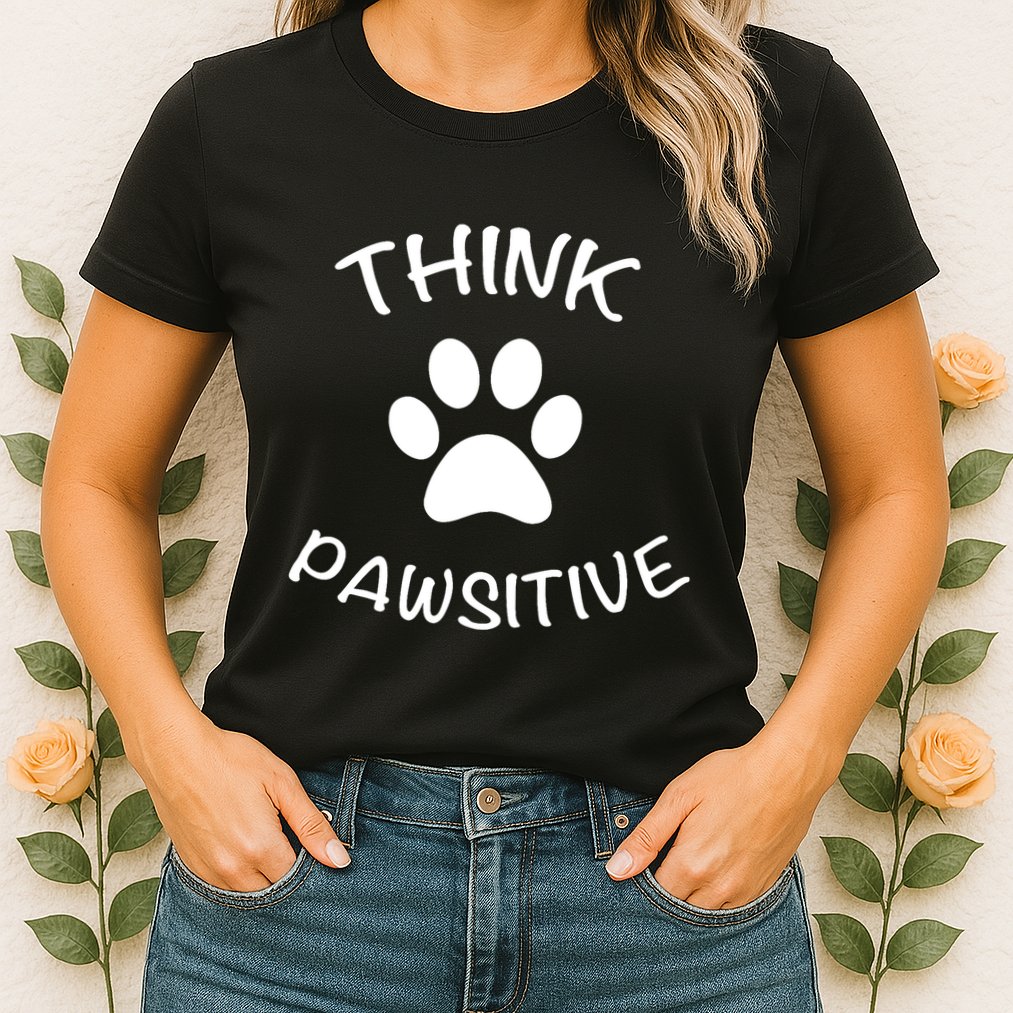 Cute Dog Pawprint Think Pawsitive Womens T-Shirt