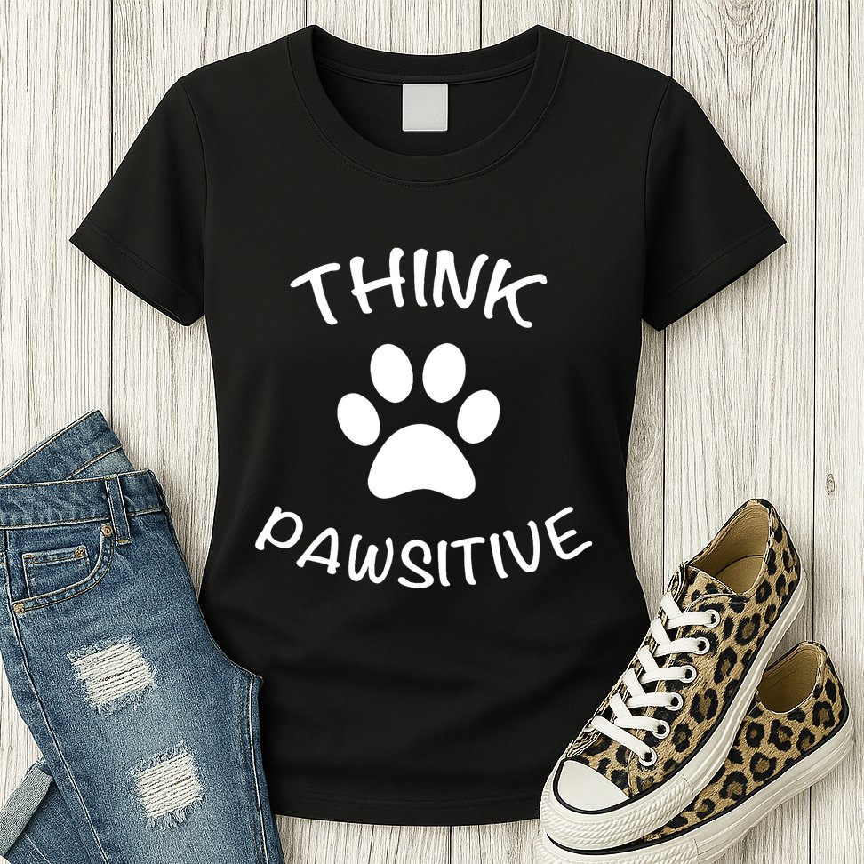 Cute Dog Pawprint Think Pawsitive Womens T-Shirt