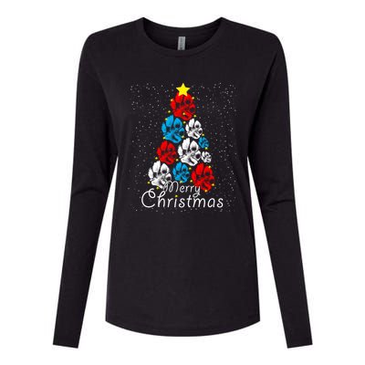 Cute Dog Paw Print Christmas Tree Gift Womens Cotton Relaxed Long Sleeve T-Shirt