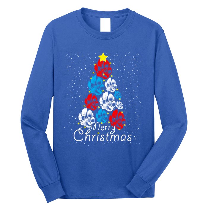 Cute Dog Paw Print Christmas Tree Gift Long Sleeve Shirt