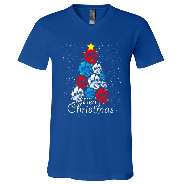 Cute Dog Paw Print Christmas Tree Gift V-Neck T-Shirt