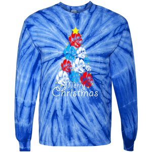 Cute Dog Paw Print Christmas Tree Gift Tie-Dye Long Sleeve Shirt