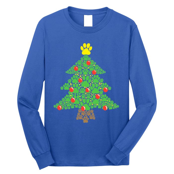 Cute Dog Paw Print Christmas Tree Funny Gift Long Sleeve Shirt