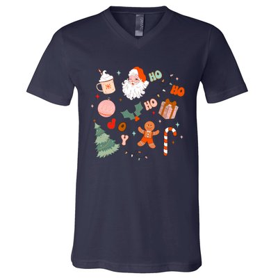 Christmas Doodle Retro Santa Holiday Season V-Neck T-Shirt