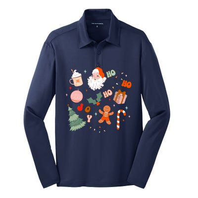 Christmas Doodle Retro Santa Holiday Season Silk Touch Performance Long Sleeve Polo