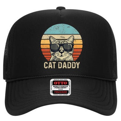 Cat Daddy Retro Cat Sunglasses Cool Cat Dad Gift Fathers Day High Crown Mesh Back Trucker Hat