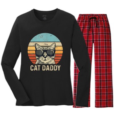 Cat Daddy Retro Cat Sunglasses Cool Cat Dad Gift Fathers Day Women's Long Sleeve Flannel Pajama Set 