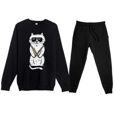 Cat Drumstick Rock Music Drumming Animal Pet Drummer Gift Premium Crewneck Sweatsuit Set