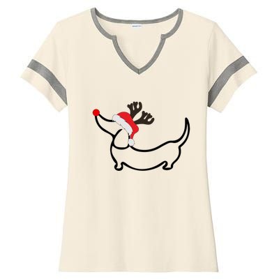 Christmas Dachshund Reindeer In Santa Hat Gift Ladies Halftime Notch Neck Tee