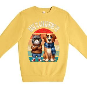 Cat & Dog Retro Silly Staring Rage Is Consuming Us Premium Crewneck Sweatshirt