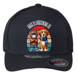 Cat & Dog Retro Silly Staring Rage Is Consuming Us Flexfit Unipanel Trucker Cap