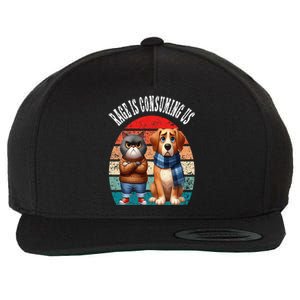 Cat & Dog Retro Silly Staring Rage Is Consuming Us Wool Snapback Cap