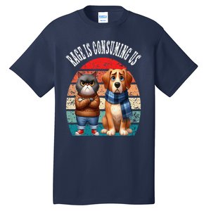 Cat & Dog Retro Silly Staring Rage Is Consuming Us Tall T-Shirt